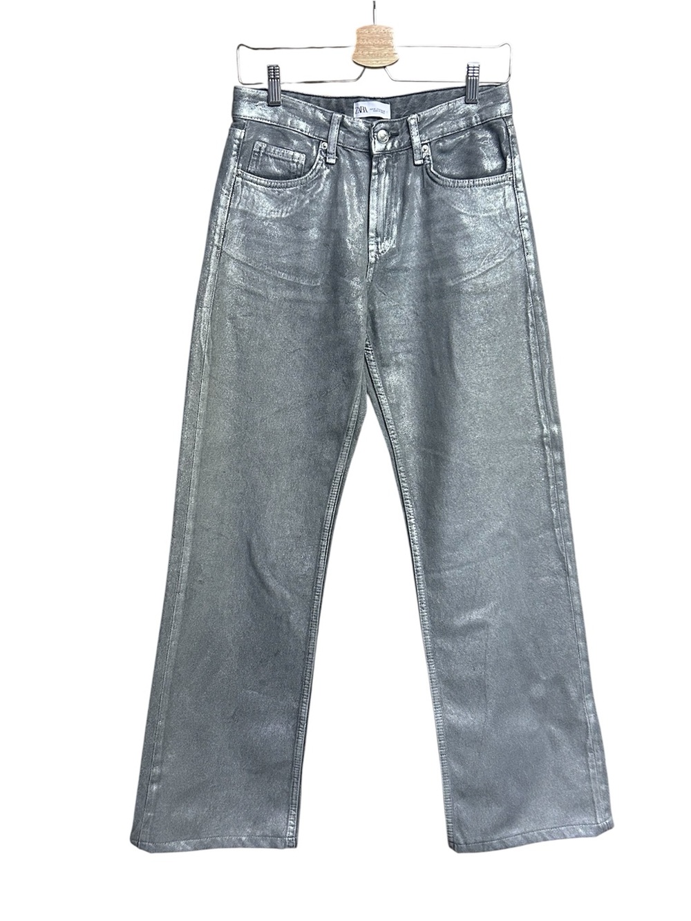 Zara Silver Metallic Straight Leg Jeans